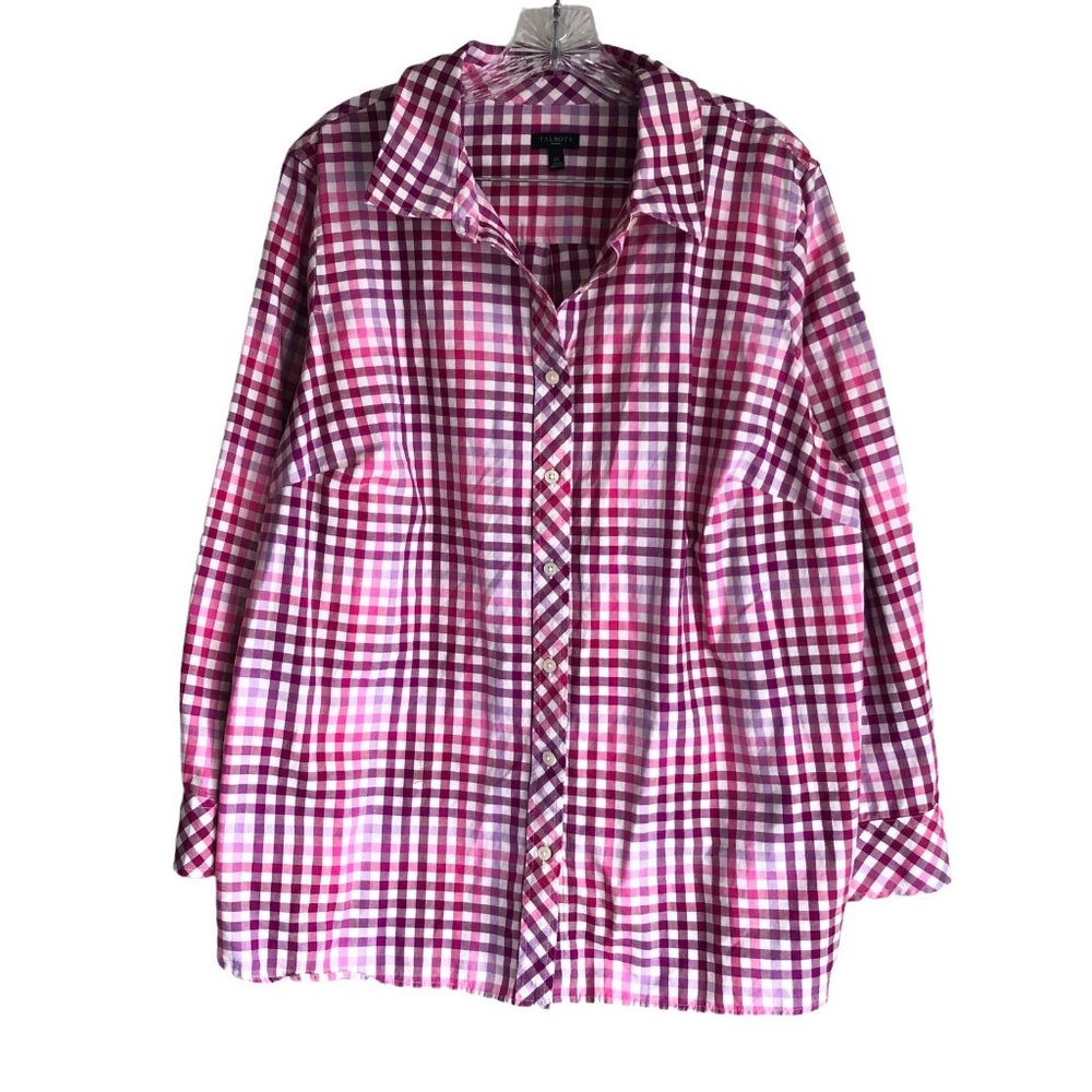 Talbots Women's Shirt Plus 2X Pink Plaid 100% Cotton Long Sleeve Button Up